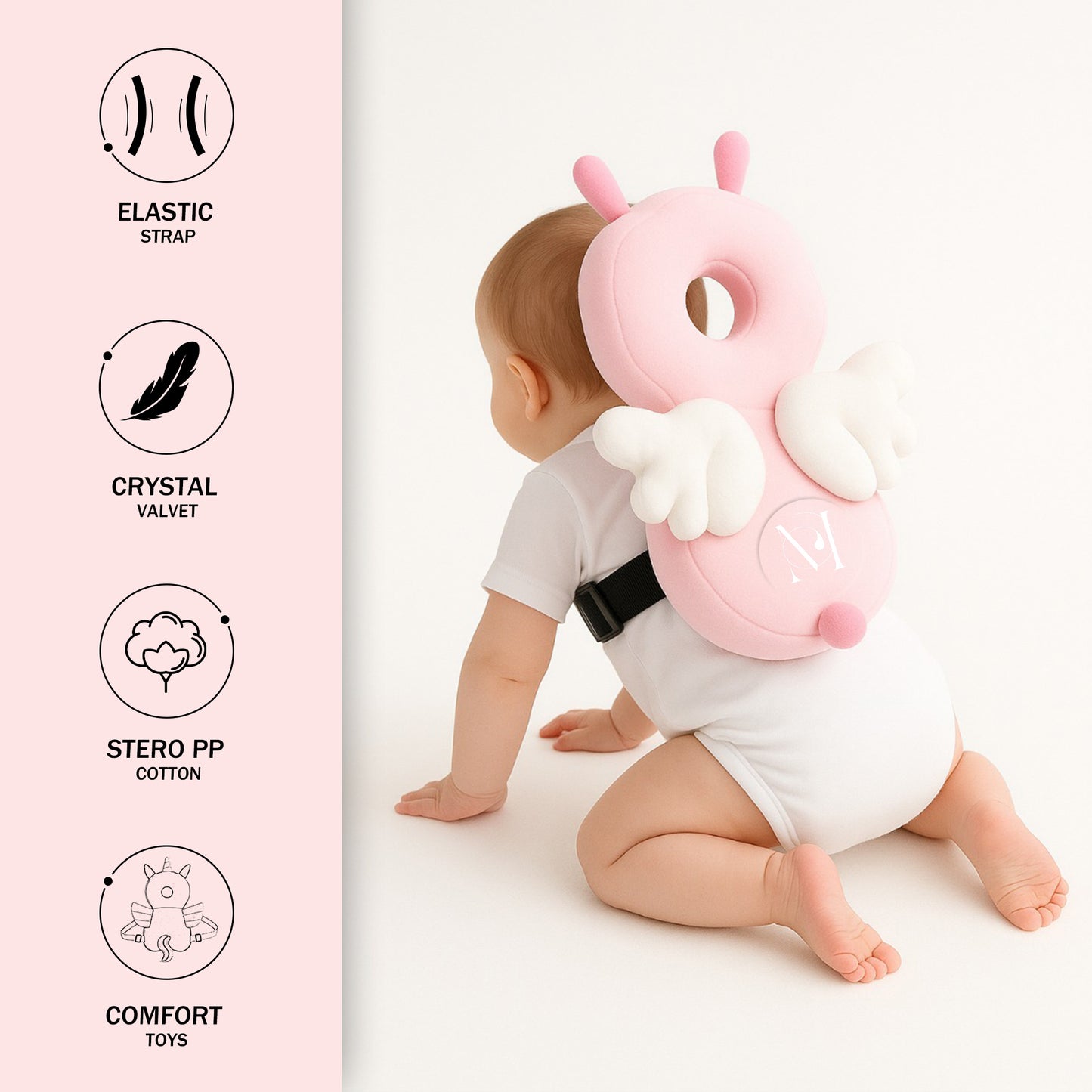 Baby Head Protector Cushion with Adjustable Straps, Plush Soft Baby Safety Helmet for Crawling & Walking, Lightweight Back Protection for Toddlers , 0–18 Months